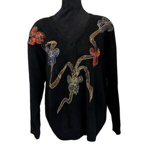 Fitting Image Silk Angora Beaded Sequin Holiday Bow Knit Sweater,Size 16/18